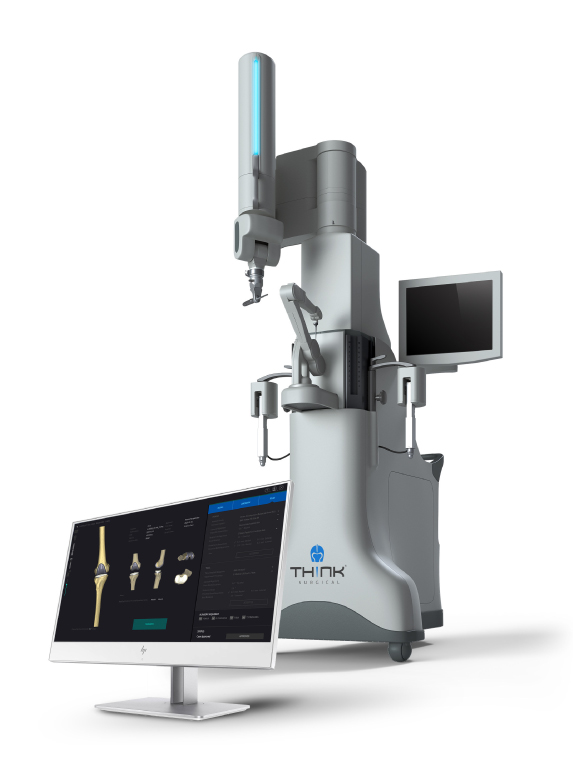 The TSolution One Total Knee Application is an active robot system for total knee replacement that supports an open implant library, giving surgeons a choice of implant options. Photo source: THINK Surgical, Inc.